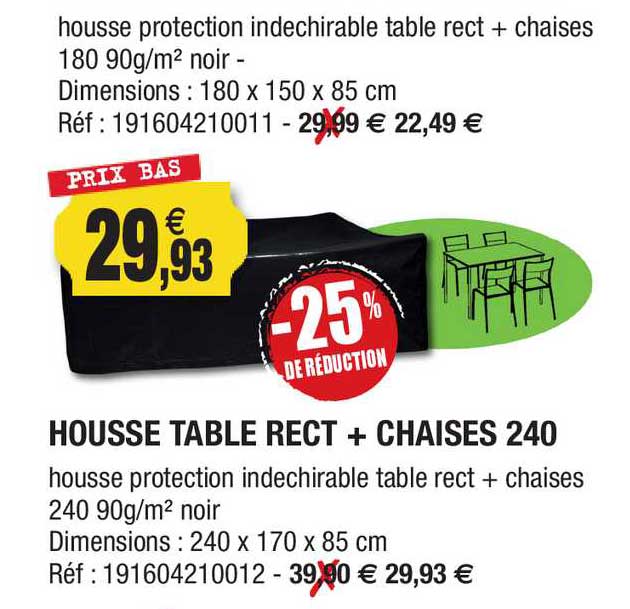 housse tablet rect + chaises 240 -25% de réduction