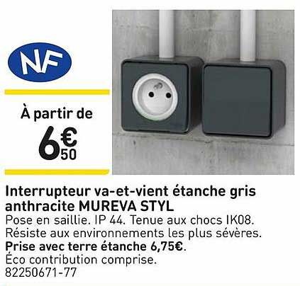interrupteur va-et-vient étanche gris anthracite mureva styl