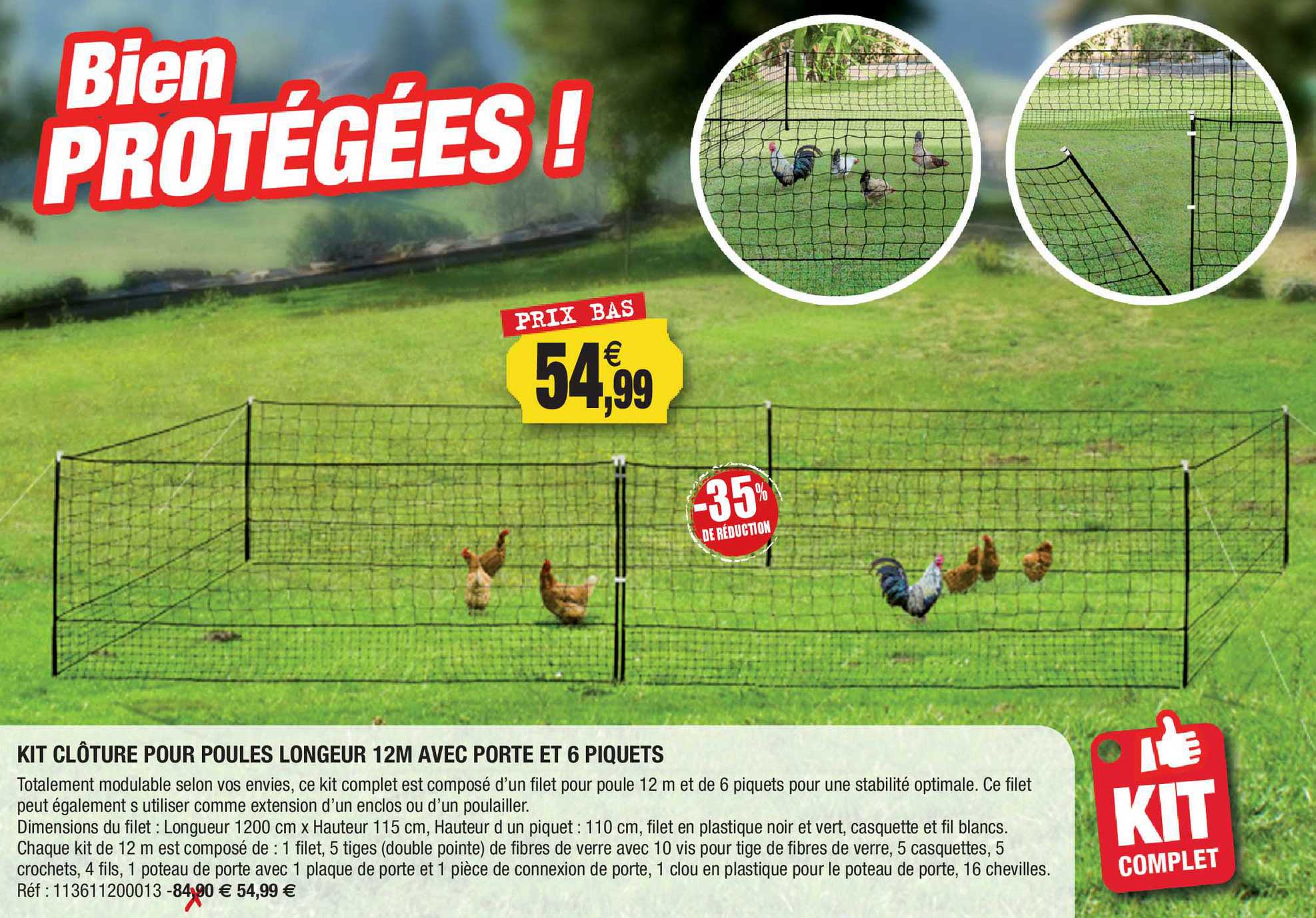 kit clôture pour poules longeur 12m avec porte et 6 piquets