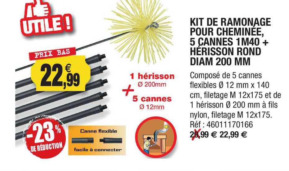 kit de ramonage pour cheminée 5 cannes 1m40 + hérisson rond diam 200 mm -23% de réduction