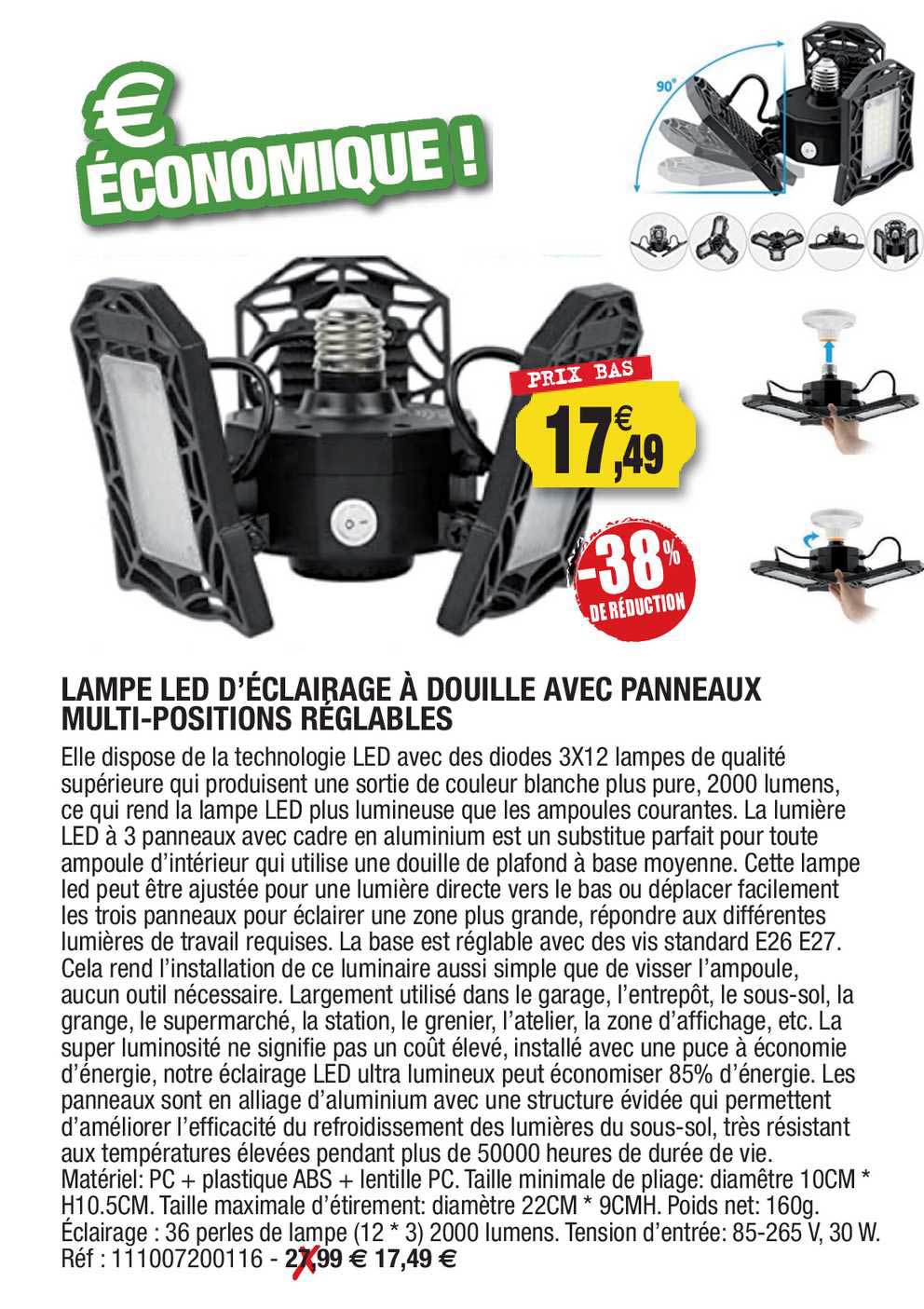 lampe lde d'éclairage douille avec panneaux multi-positions reglables