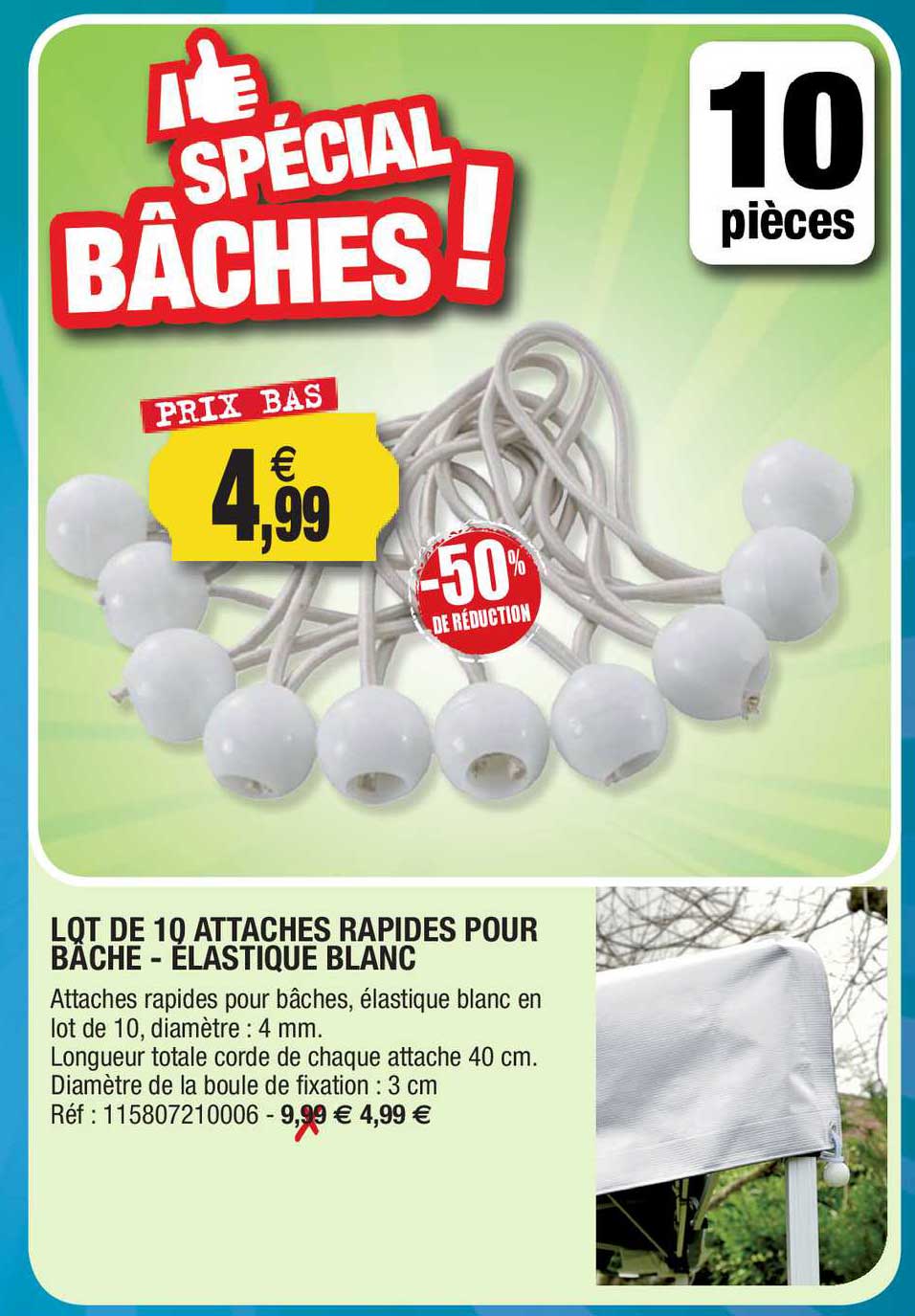 lot de 10 attaches rapides pour bâches - élastique blanc