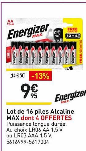 lot de 16 piles alcaline max dont 4 offertes energizer