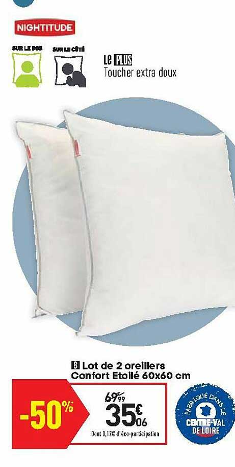 lot de 2 oreillers confort etoilé 60x60 cm