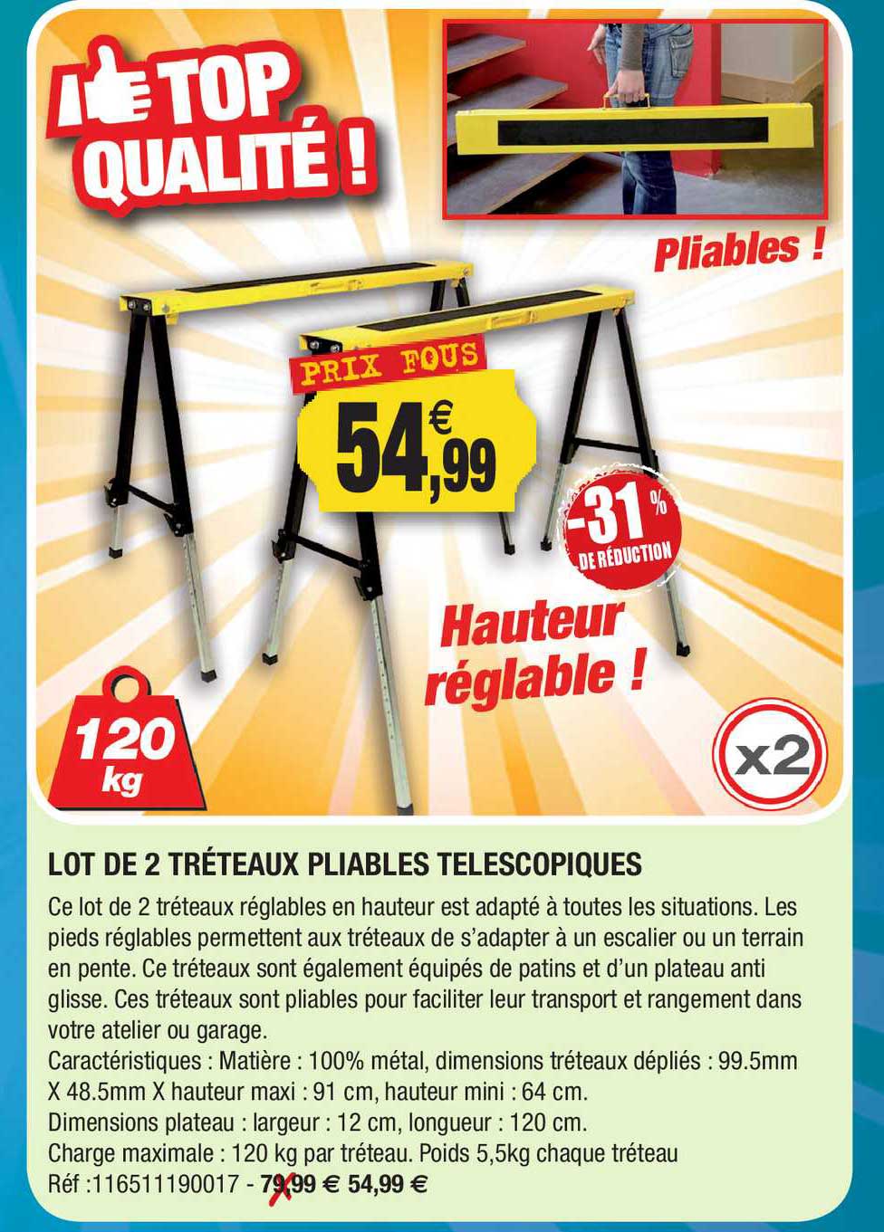 lot de 2 tréteaux pliables telescopiques
