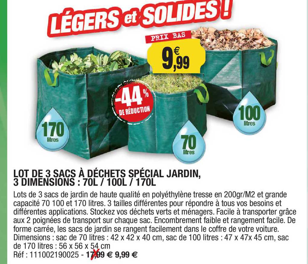 lot de 3 sacs à déchets spécial jardin 3 dimensions : 70l 100l 170l