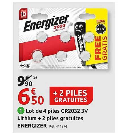 lot de 4 piles cr2032 3v lithium + 2 piles gratuites energizer