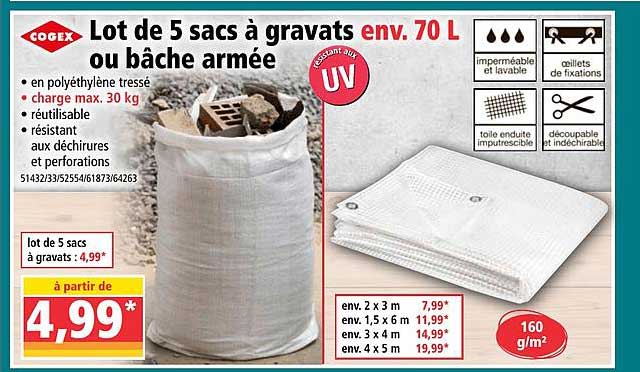lot de 5 sacs à gravats env. 70 l ou bâche armée cogex
