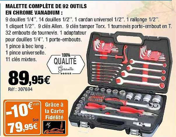malette complète de 92 outils en chrome vanadium