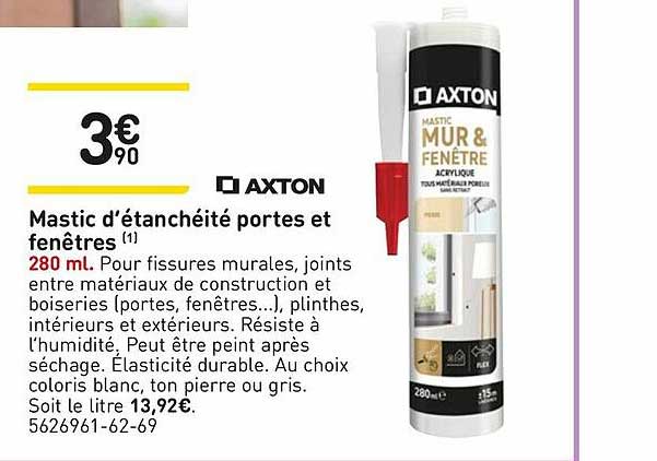 mastic d'étanchéité portes et fenêtre 280 ml axton