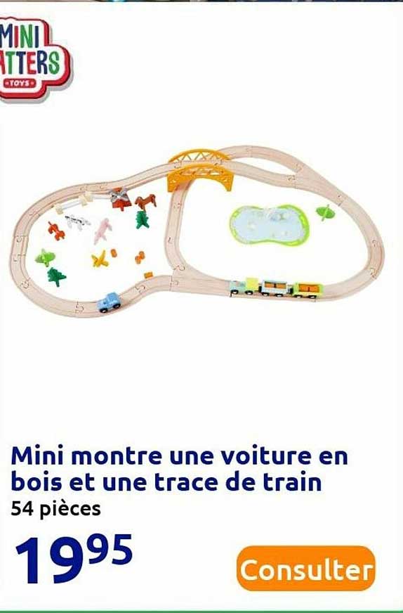 mini montre une voiture en bois et une trace de train