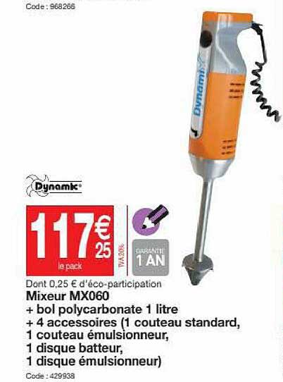 mixeur mx060 + bol polycarbonate 1 litre + 4 accessoires (1 couteau standard, 1 couteau émulsionneur, 1 disque batteur, 1 disque émulsionneur)