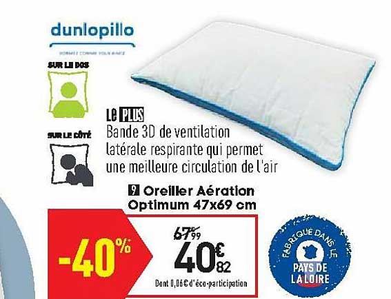 oreiller aération optimum 47x69 cm dunlopillo