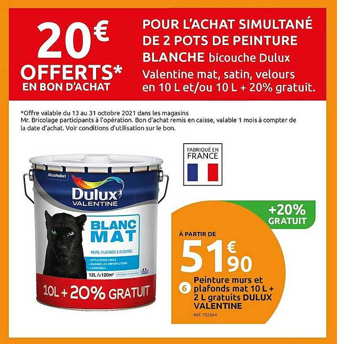 peinture murs et plafonds mat 10 l + 2 l gratuits dulux valentine