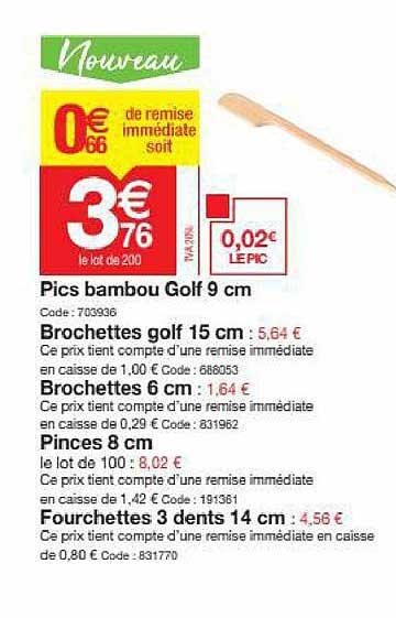pics bambou golf, brochettes golf, brochettes, pinces ou fourchettes 3 dents