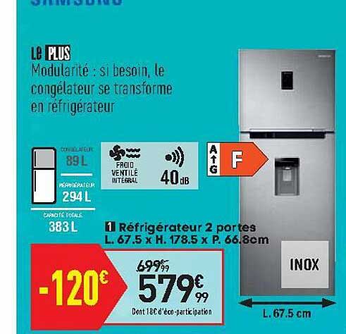 réfrigératuer 2 portes l. 67.5 x h. 178.5 x p. 66 8cm