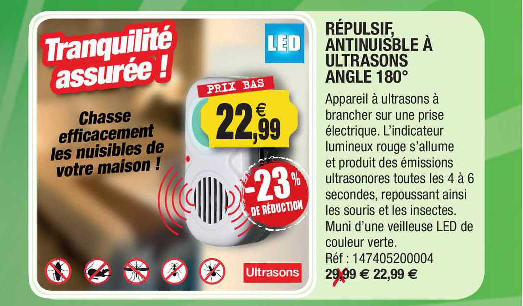 répulsif antinuisble à ultrasons angle 180° led