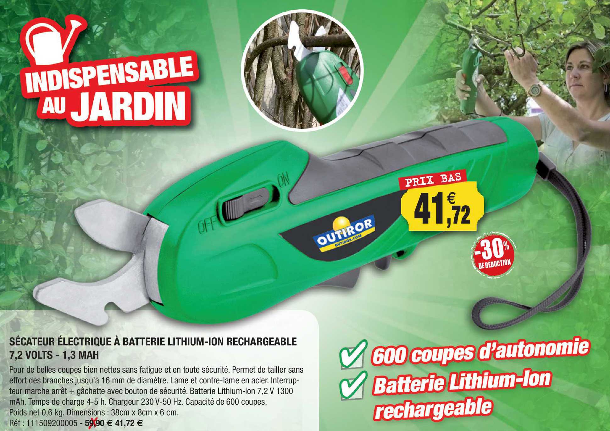 sécateur électrique à batterie lithium-ion rechargeable 7.2 volts - 1.3 mah