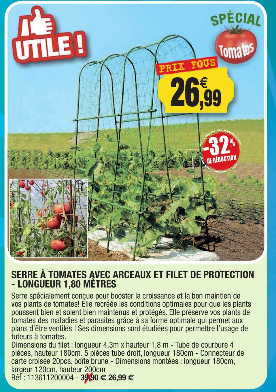 serre à tomates avec arceaux et filet de protection longueur 1.80 mètres