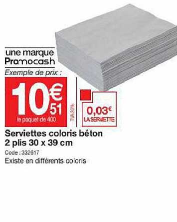 serviettes coloris béton 2 plis 30 x 39 cm