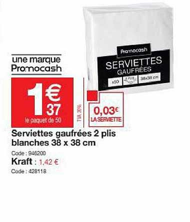 serviettes gaufrées 2 plis blanches 38 x 38 cm, kraft