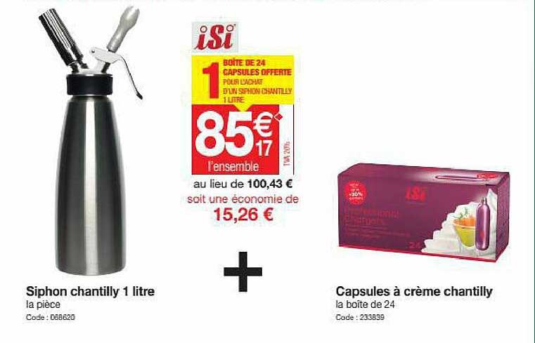 siphon chantilly 1 litre + capsules à crème chantilly