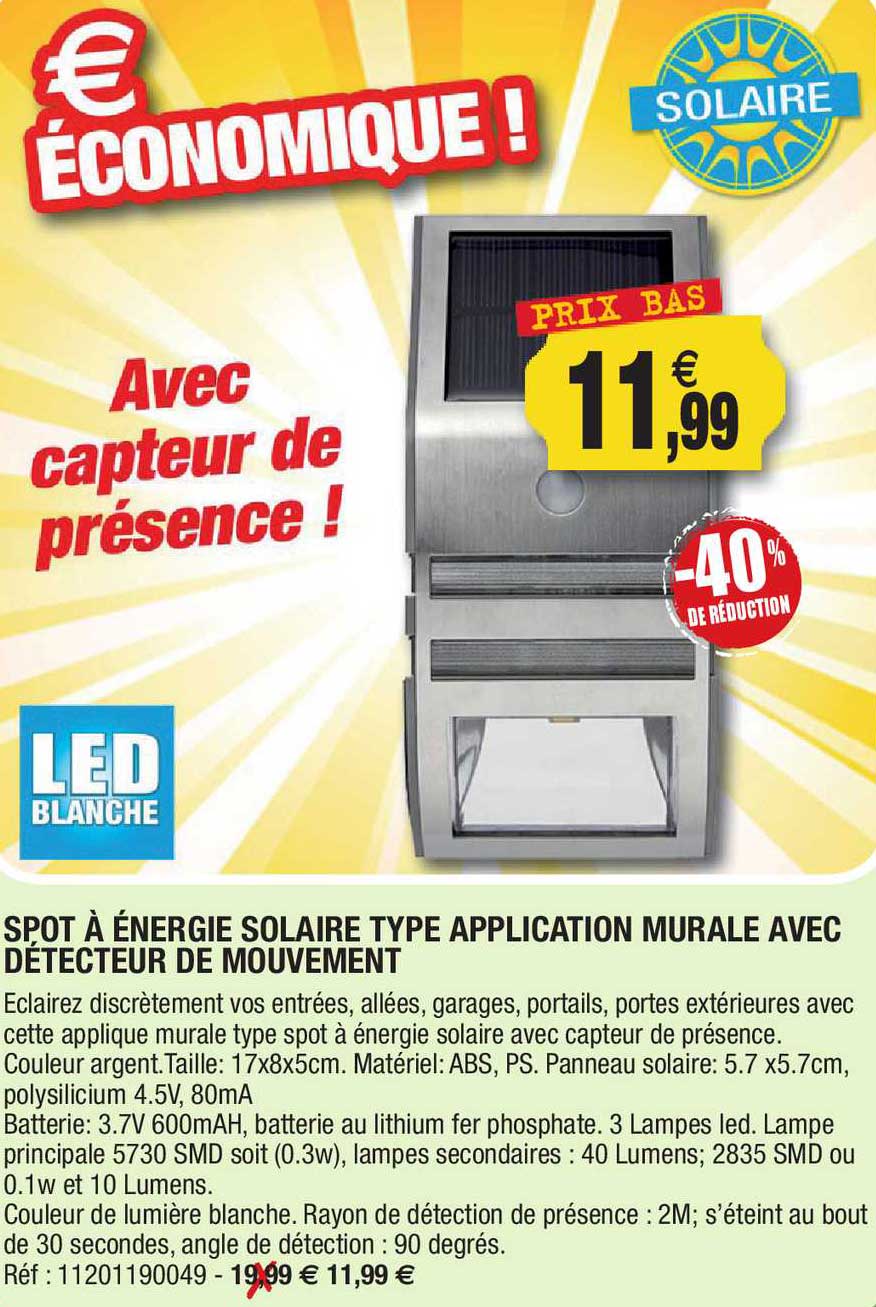 spot à énergie solaire type application murale avec détecteur de mouvement