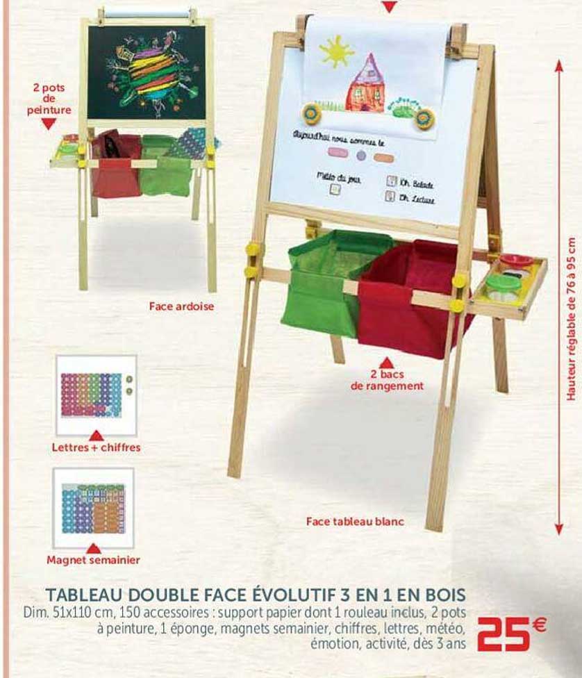 tableau double face évolutif 3 en 1 en bois