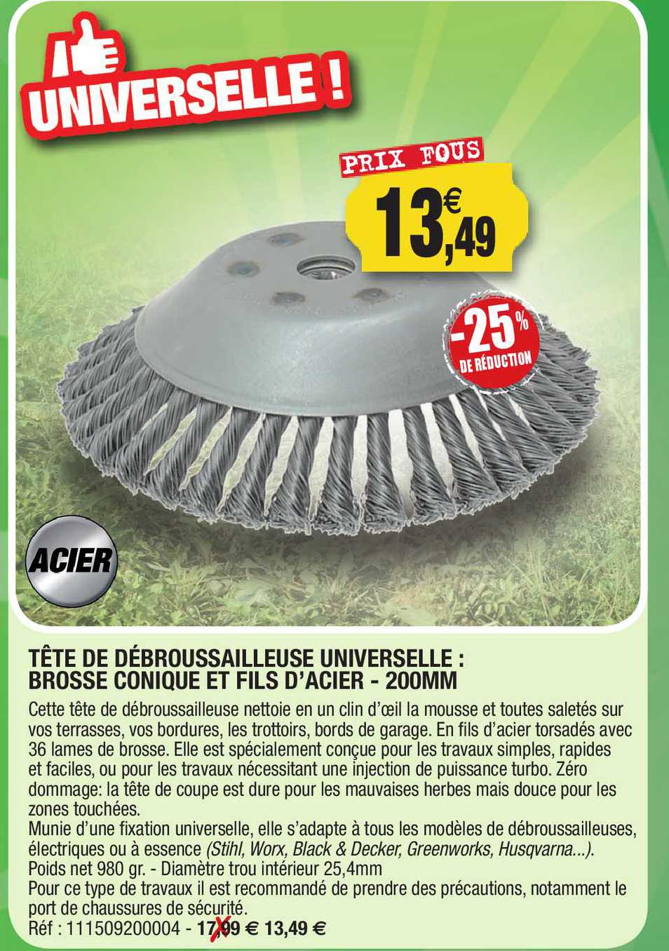 tête de débroussailleuse universelle : brosse conique et fils d'acier - 200mm