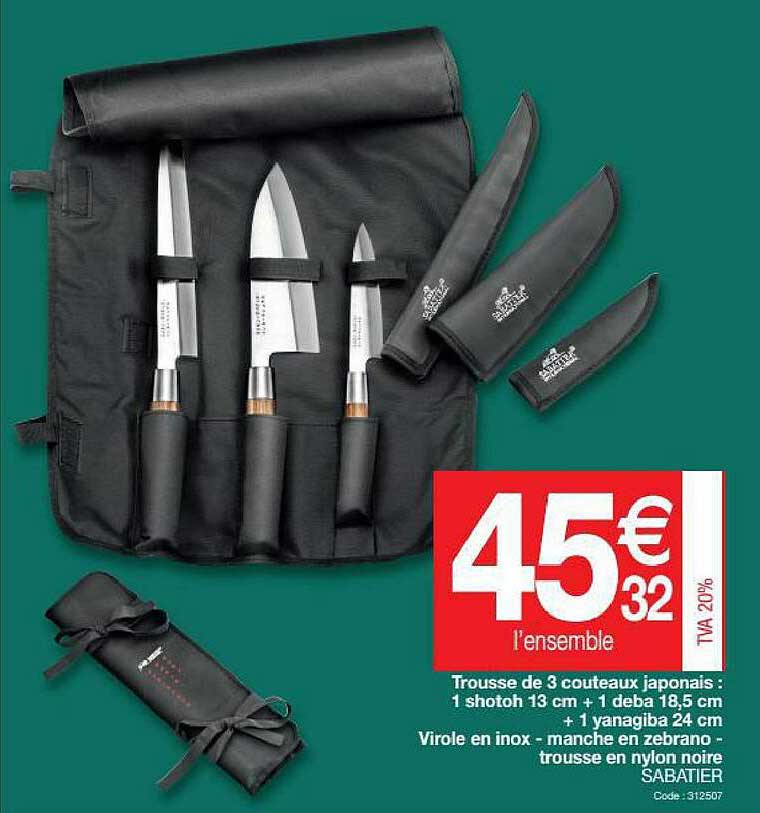 trousse de 3 couteaux japonais : 1 shotoh 13 cm + 1 deba 18,5 cm + 1 yanagiba 24 cm, virole en inox - manche en zebrano - trousse en nylon noire sabatier