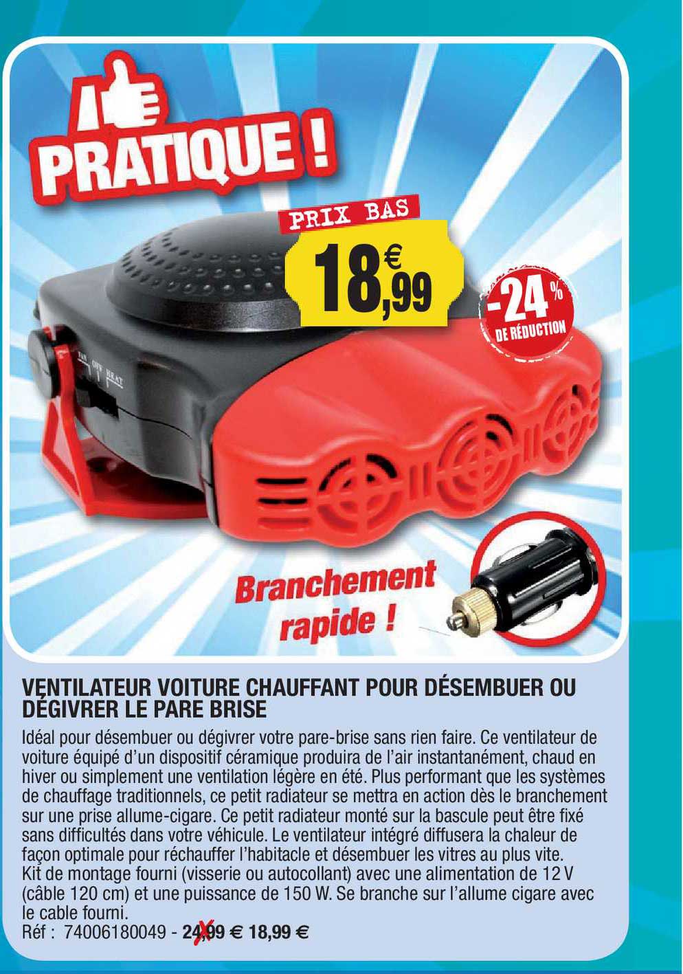 ventilateur voiture chauffant pour désembuer ou dégivrer le pare brise