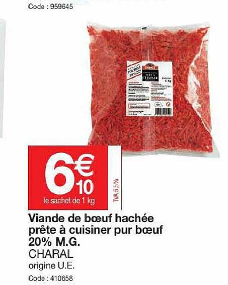 viande de bœuf hachée prête à cuisiner pur bœuf 20% m.g. charal
