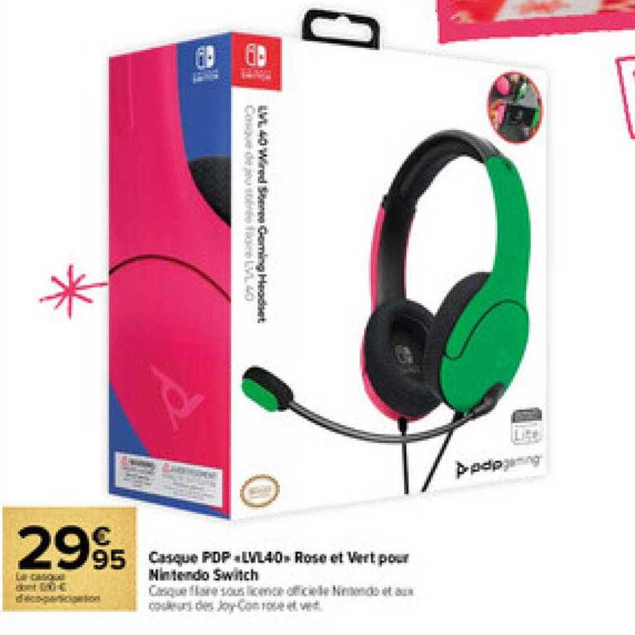 casque pdp «lvl40» rose et vert pour nintendo switch