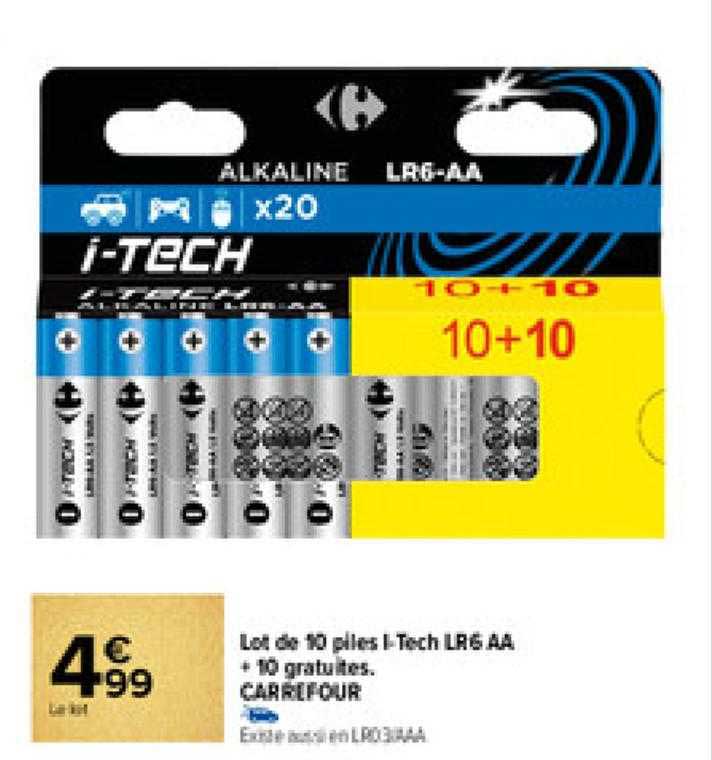 lot de 10 piles i-tech lr6 aa + 10 gratuites carrefour