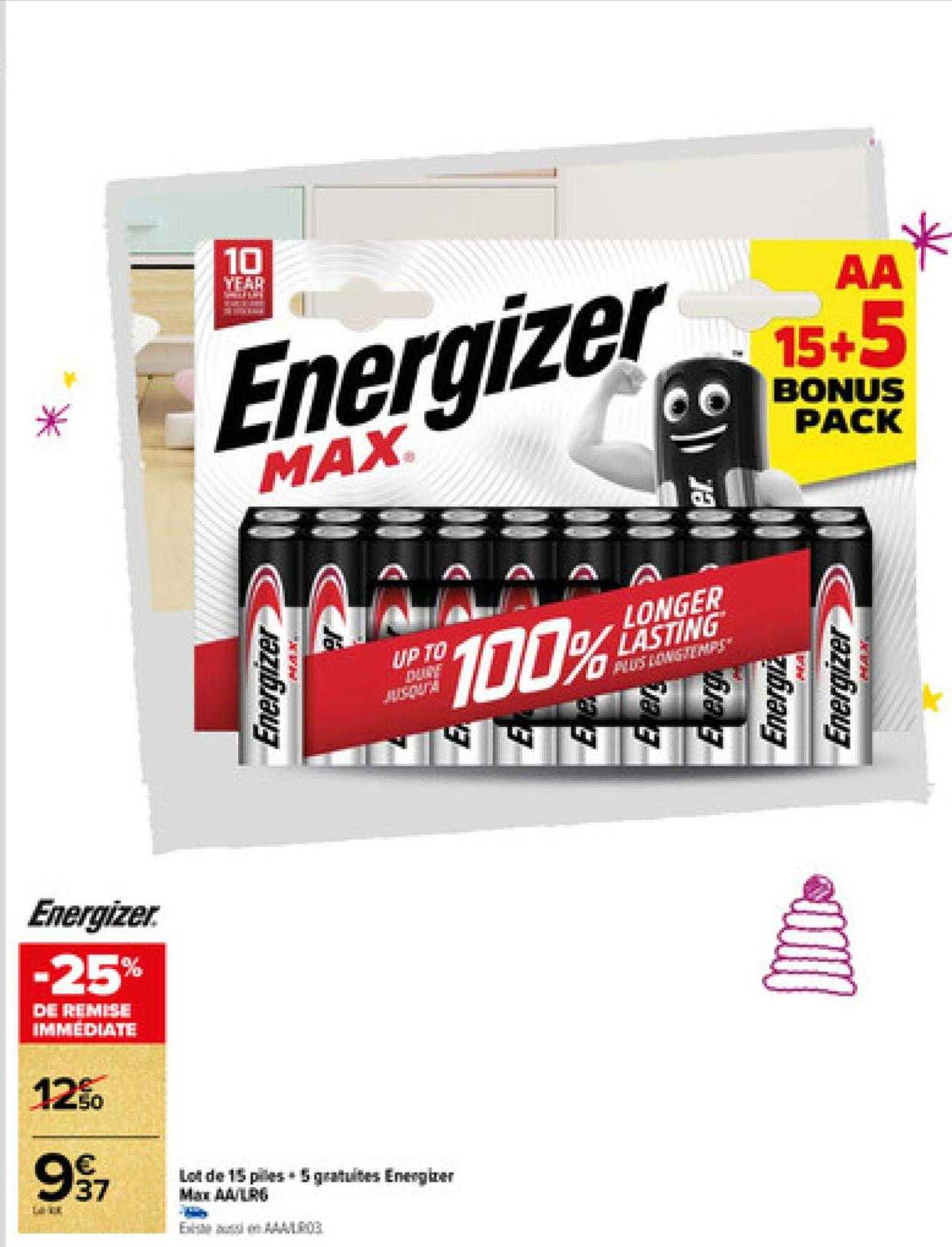 lot de 15 piles + 5 gratuites energizer max aa-lr6
