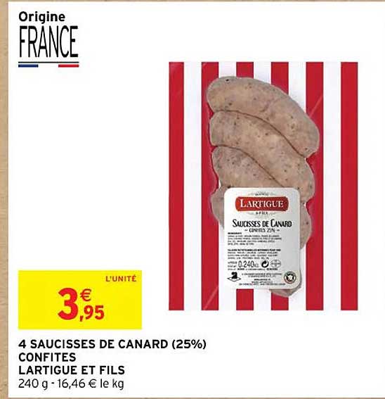 4 saucisses de canard (25%) confites lartigue et fils