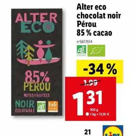 alter eco chocolat noir pérou 85% cacao