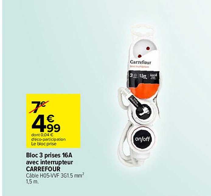 bloc 3 prises 16A avec interrupteur carrefour