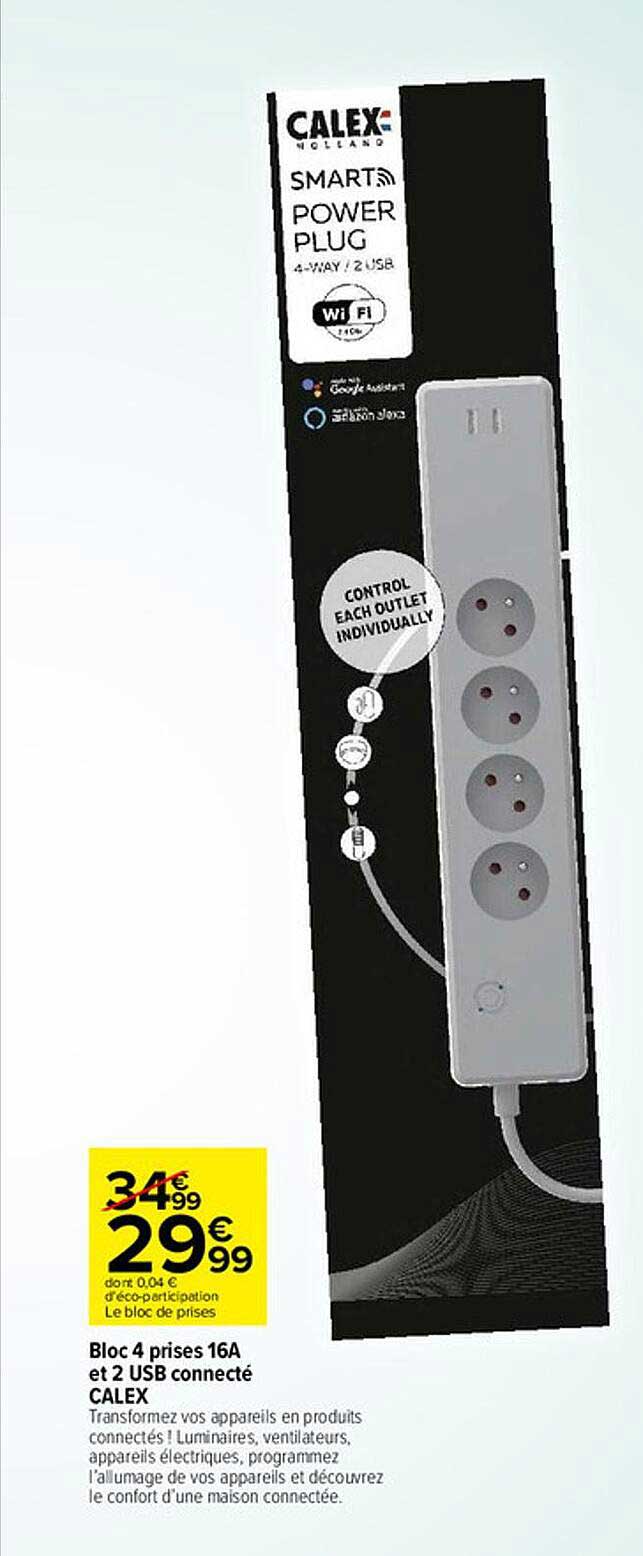 Bloc 4 Prises 16A Et 2 Usb Connecté Calex
