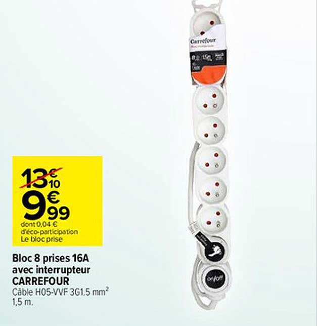 bloc 8 prises 16A avec interrupteur carrefour