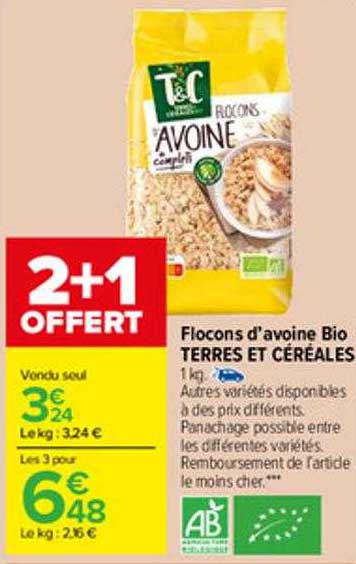 flocons d'avoine bio terres et céréales