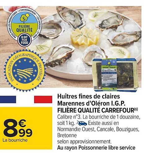huîtres fines de claires marennes d'oléron i.g.p. filière qualité carrefour