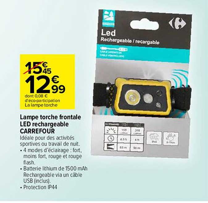lampe torche frontale led rechargeable carrefour