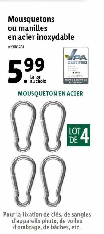 mousquetons ou manilles en acier inoxydable