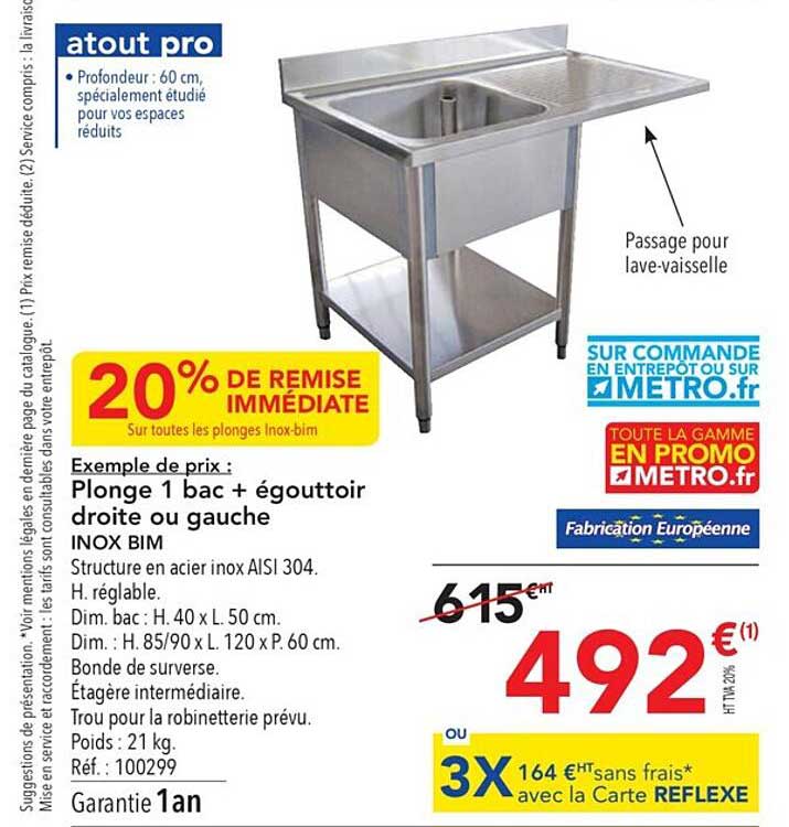 plonge 1 bac + égouttoir droite ou gauche inox bim