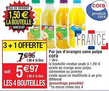 pur jus d'oranges sans pulpe cora