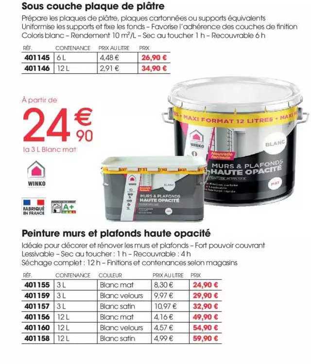 sous couche plaque de plâtre, peinture murs et plafonds haute opacité