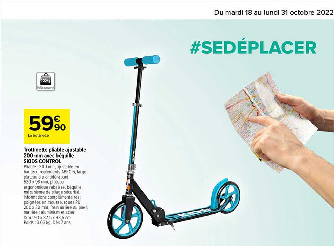 trotinette pliable ajustable 200 mm avec béquille skids control