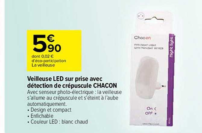 veilleuse led sur prise avec détection de crépuscule chacon