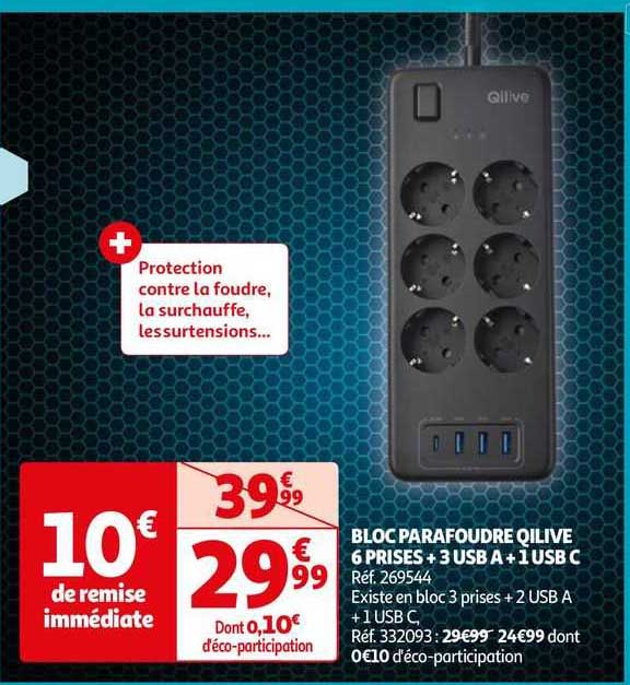 Bloc Parafoudre Qilive 6 Prises + 3 Usb A + 1 Usb C